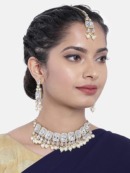 LukGud Crystal Faux Pearl Kundan Necklace & Jewelry Set Gift for Women