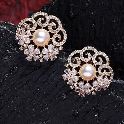 LukGud Rose Gold Plated Crescent Contemporary Floral Embelished Designed Stud Earring Jewellery For Girls and Women