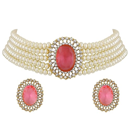 LukGud 18k Gold Plated Latest Stylish Fancy Choker Traditional Pearl Necklace Jewellery Set for Women
