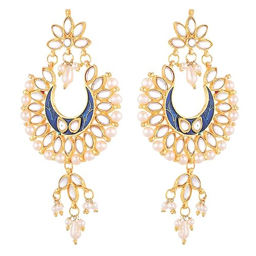 LukGud Earring Gold Plated Brass Kundan Pearl Studded Designer Pink Chandbali Jhumka Earring Jewellery For Girl And Women