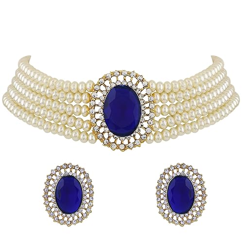 LukGud 18k Gold Plated Latest Stylish Fancy Choker Traditional Pearl Necklace Jewellery Set for Women
