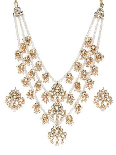 LukGud Ethnic Kundan & Pearls Multi Layers Bridal Necklace Set For Women