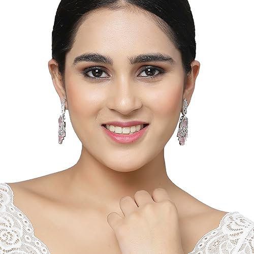 LukGud Rhodium-Plated American Diamond Studded Oval & Leaf Shaped Drop Earrings For Girls and Women