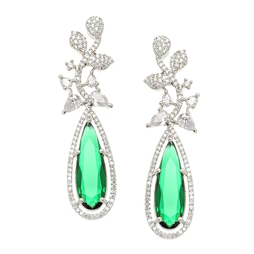 LukGud Rhodium-Plated American Diamond Studded Teardrop & Leaf Shaped Drop Earrings For Girls and Women