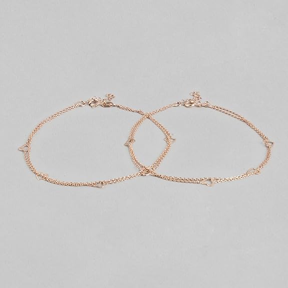 LukGud 925 Sterling Silver Layered Rose Gold Plating Hearts Anklets (Pair) | Gift for Women & Girls