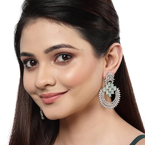 LukGud American Diamond Studded Rhodium-Plated Chandbalis Earrings