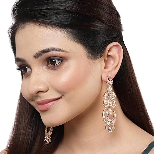 LukGud Floral Shaped American Diamond Dangle Chandelier Earring For Women And Girls