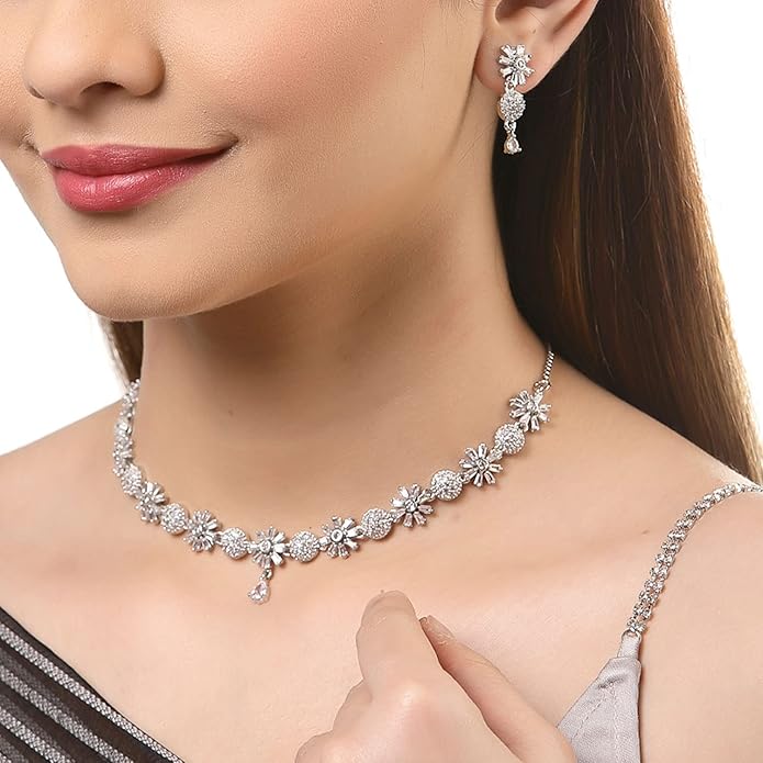 LukGud American Diamond Studded Necklace With Earring Jewellery Set For Woment and Girls