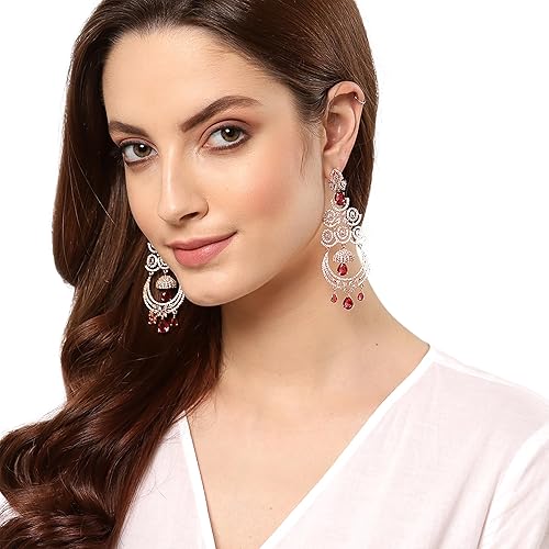 LukGud Floral Shaped American Diamond Dangle Chandelier Earring For Women And Girls