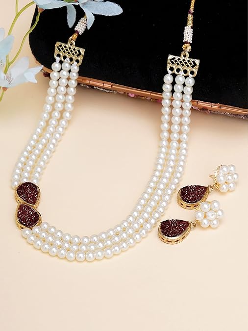 LukGud  Pink Stone Studded Pearl Kundan Necklace Set for Women