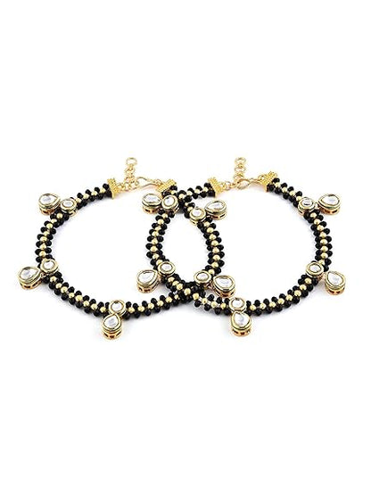 LukGud Black Crystal Beads Traditional Kundan Payal For Women (2 Anklets)