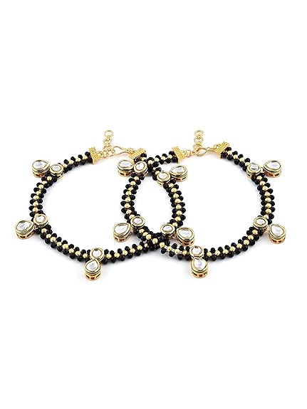 LukGud Black Crystal Beads Traditional Kundan Payal For Women (2 Anklets)