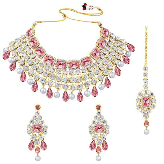 LukGud  Crystal Choker Necklace with Maang Tikka Earrings Indian Traditional Bridal Wedding Jewellery Set for Women