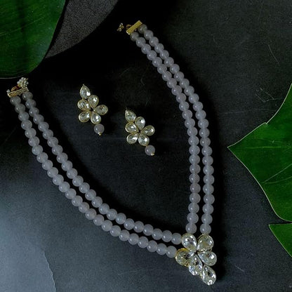 LukGud 18k Gold Plated Traditional Kundan & Pearl Studded Necklace Jewellery Set For Women