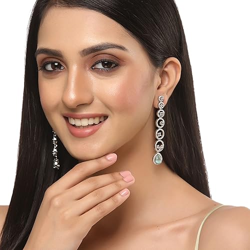 LukGud Oxidised Silver-Plated American Diamond studded Circular Shaped Drop Earrings for Girls and Women