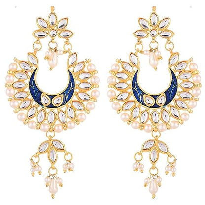 LukGud Earring Gold Plated Brass Kundan Pearl Studded Designer Pink Chandbali Jhumka Earring Jewellery For Girl And Women