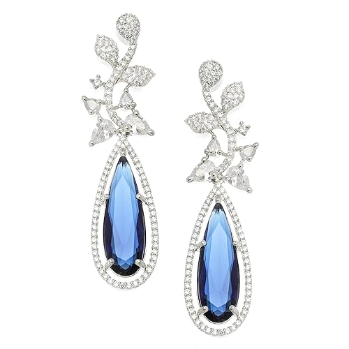 LukGud Rhodium-Plated American Diamond Studded Teardrop & Leaf Shaped Drop Earrings For Girls and Women