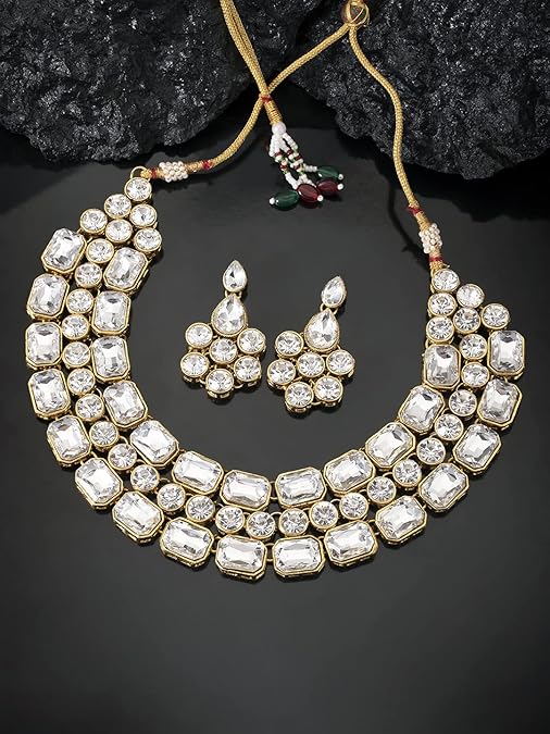 LukGud Crystal Studded Gold Plated Layered Long Necklace & Dangle Earring Jewellery Set for Women & Girls