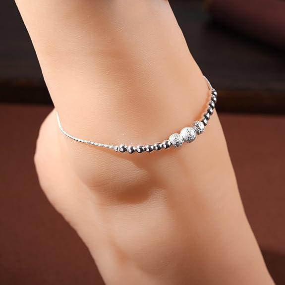 LukGud Silver Anklets for Women 2 Pcs Magical Love Beads Links Silver Plated Anklets Combo for Girls and Women