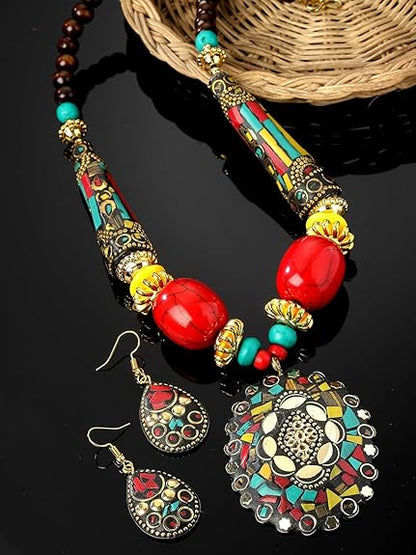 LukGud Latest Stylish Traditional Tibetan Pendant Necklace Jewellery Set for Women