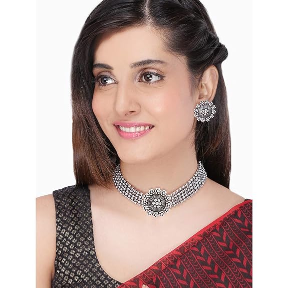 LukGud Classic German Silver Oxidised Jewellery Set Traditional Choker Necklace Set for Women and Girls
