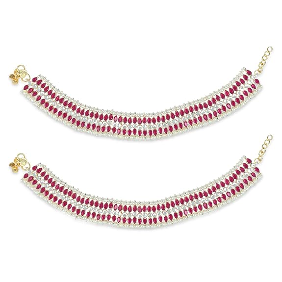 LukGud Alloy Gold Plated Kundan Pearl Payal Anklet for Women