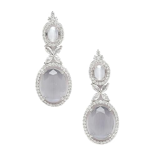 LukGud Oxidised Silver-Plated American Diamond studded Oval Shaped Drop Earrings Jewellery For Girls and Women