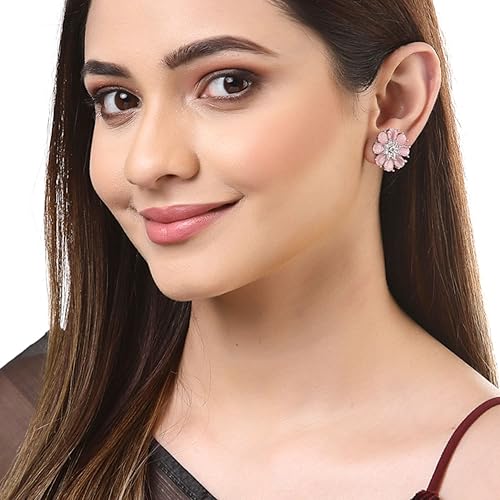 LukGud Stud Rhodium Plated AD American Diamond Flower-Shaped Earrings Ear Studs Jewellery For Women and Girl