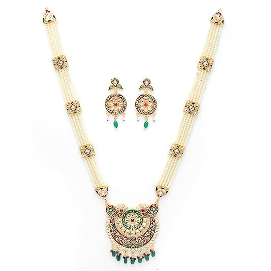 LukGud Jewellery Set Gold Plated Long Necklace Hyderabadi Design Pearl Peacock Necklace Set With Earring Jewellery For Women & Girls