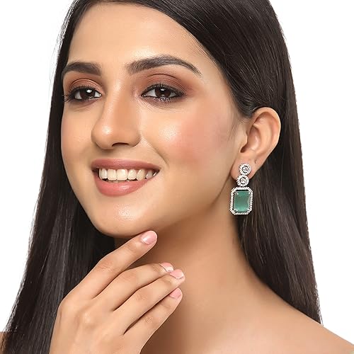 LukGud Oxidised Silver-Plated American Diamond studded Oval Shaped Drop Earrings Jewellery For Girls and Women