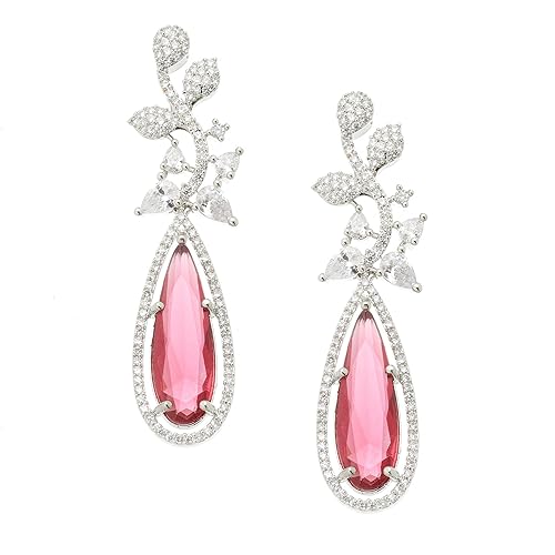 LuKGud Rhodium-Plated American Diamond Studded Teardrop & Leaf Shaped Drop Earrings For Girls and Women