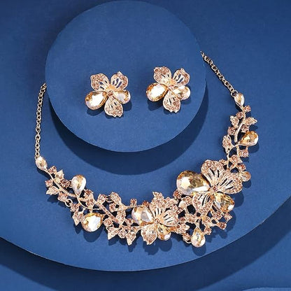 LukGud Jewellery Set For Women Rose Gold Plated Floral Designed Crystal Necklace Set For Women and Girls