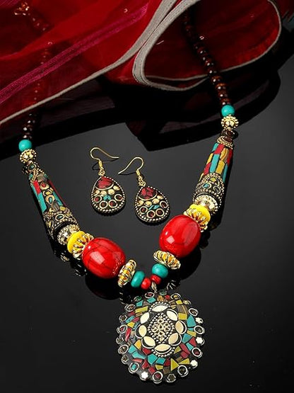 LukGud Latest Stylish Traditional Tibetan Pendant Necklace Jewellery Set for Women