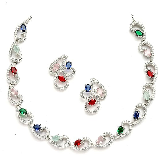 LukGud American Diamond studded Necklace and Drop Earrings Jewellery Set for women