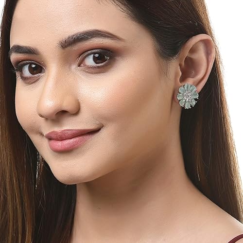 LukGud Stud Rhodium Plated AD American Diamond Flower-Shaped Earrings Ear Studs Jewellery For Women and Girl