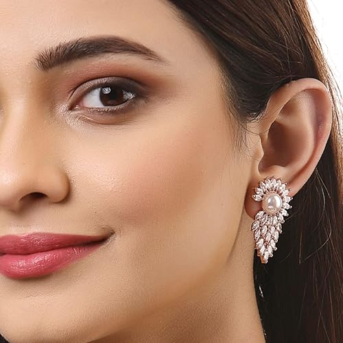 LukGud Rose Gold Plated Crescent Contemporary Floral Embelished Designed Stud Earring Jewellery For Girls and Women