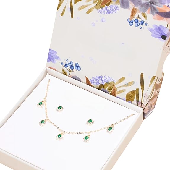 LukGud Green Emerald 18k Gold Plated Jewelry Set for Women | Necklace & Earrings
