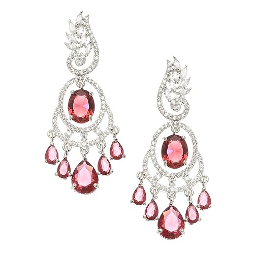 LukGud Rhodium-Plated American Diamond Studded Oval & Leaf Shaped Drop Earrings For Girls and Women