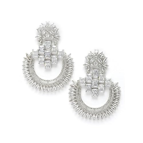 LukGud American Diamond Studded Rhodium-Plated Chandbalis Earrings