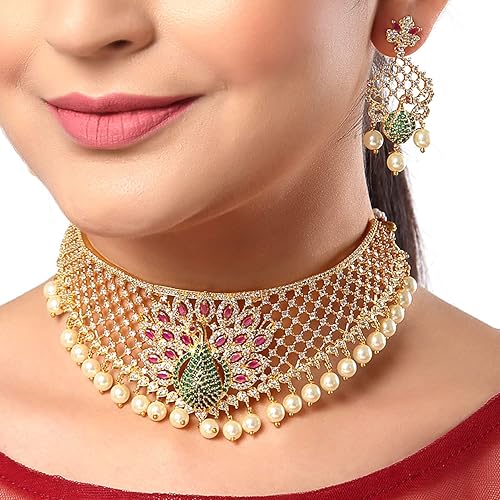 LukGud  Gold Plated White & Red American Diamond Studded With Drop Pearl Beaded Jewellery Set For Women & Girl