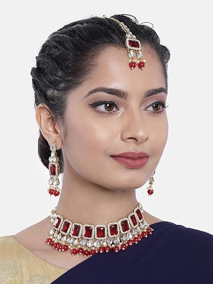 LukGud Crystal Faux Pearl Kundan Necklace & Jewelry Set Gift for Women