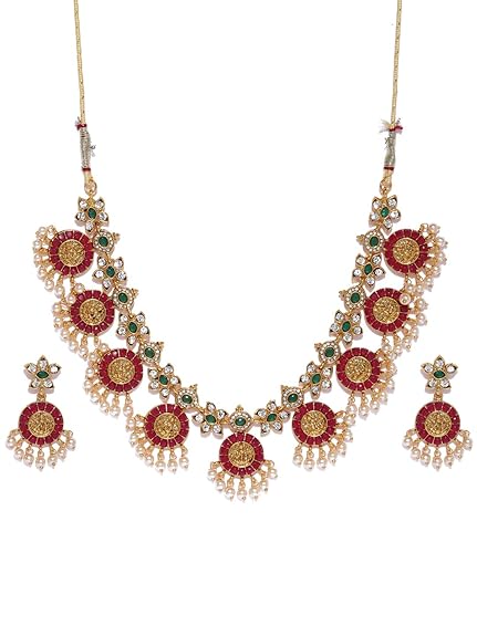 LukGud Gold Tone Traditional Temple Choker Necklace Set For Women