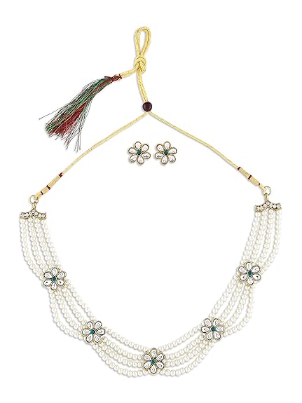 LukGud  Gold Tone Kundan Flowers Multistrand Pearls Necklace & Earring Set For Women
