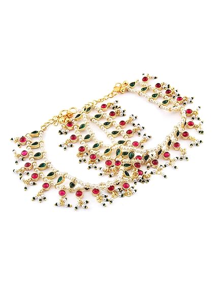 LukGud  Green & Pink Traditional Kundan Payal For Women (2 Anklets)