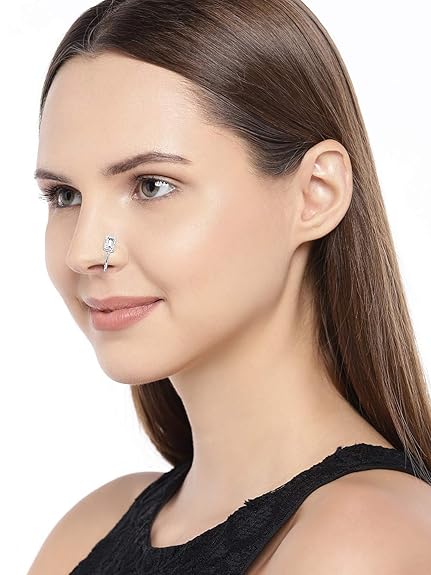 LukGud Silver Ad Nose Pin, Clip On Nose Ring Small Nath Kundan for Women