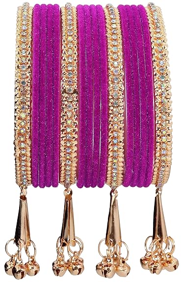 LukGud Velvet Studded Bells Latkan Bangles Set For Girls and Women -  Pack of 16 Bangles