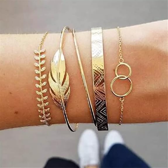 LukGud Set of 5 Stylish Multilayer Crystal Bangle Gold Plated Bracelet for Women and Girls