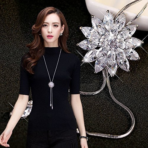 LukGud Crystal Flower Long Chain Stylish Pendant Necklace for Women and Girls