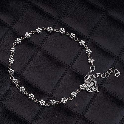 LukGud Oxidised Silver Floral Single Stylish Anklet for Women & Girls (Silver)