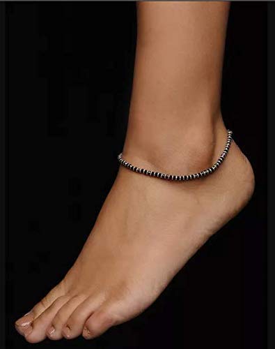 LukGud Pure 925 Sterling Silver Nazariya Anklet Payal for Women (Black)